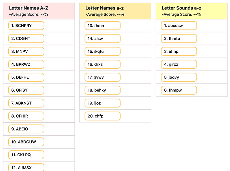 Levelled library letters and words